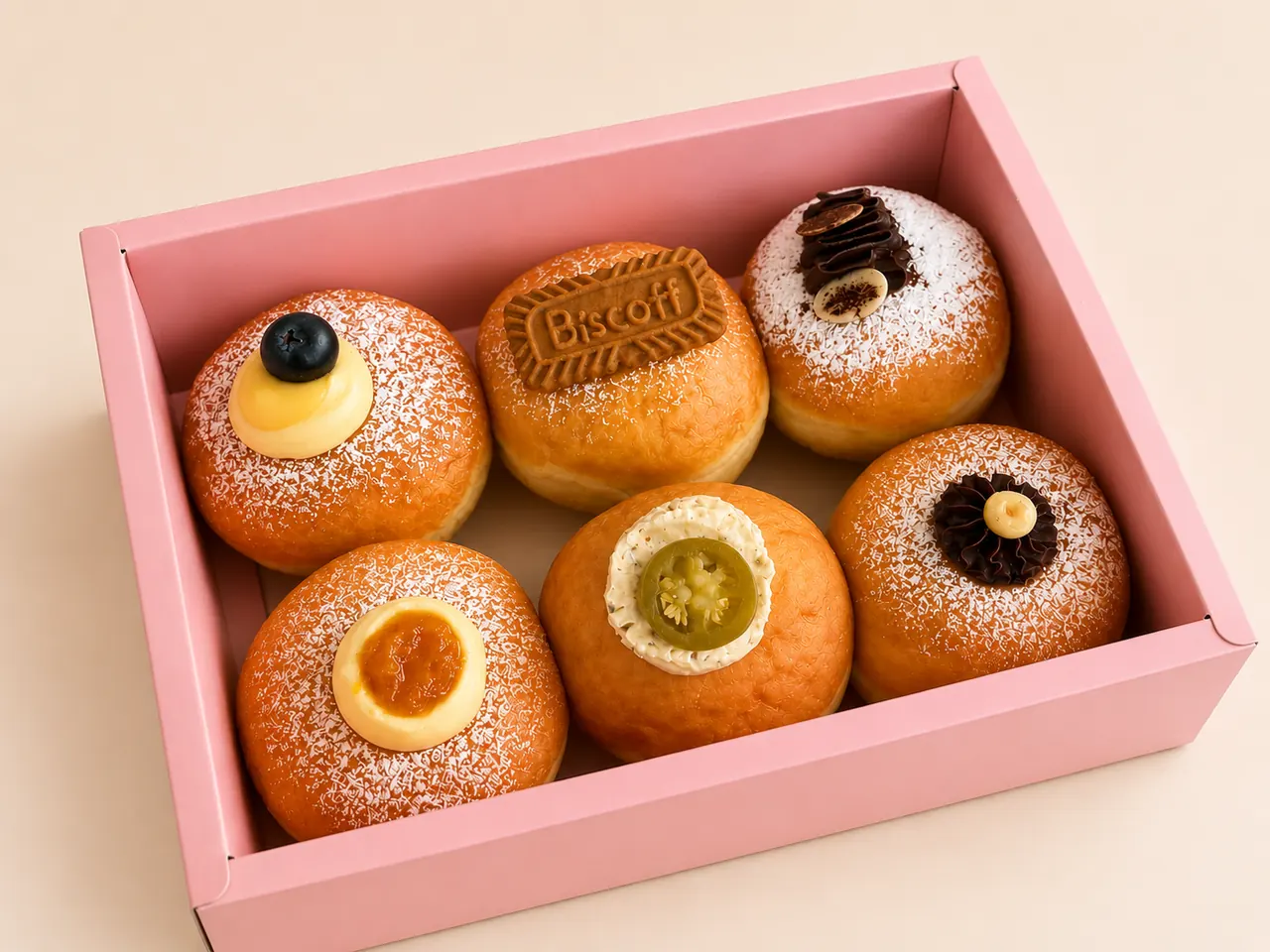 Assorted bomboloni gift box of 6 in a pink box: lemon, Biscoff, chocolate truffle, orange, jalapeño cheddar and Nutella