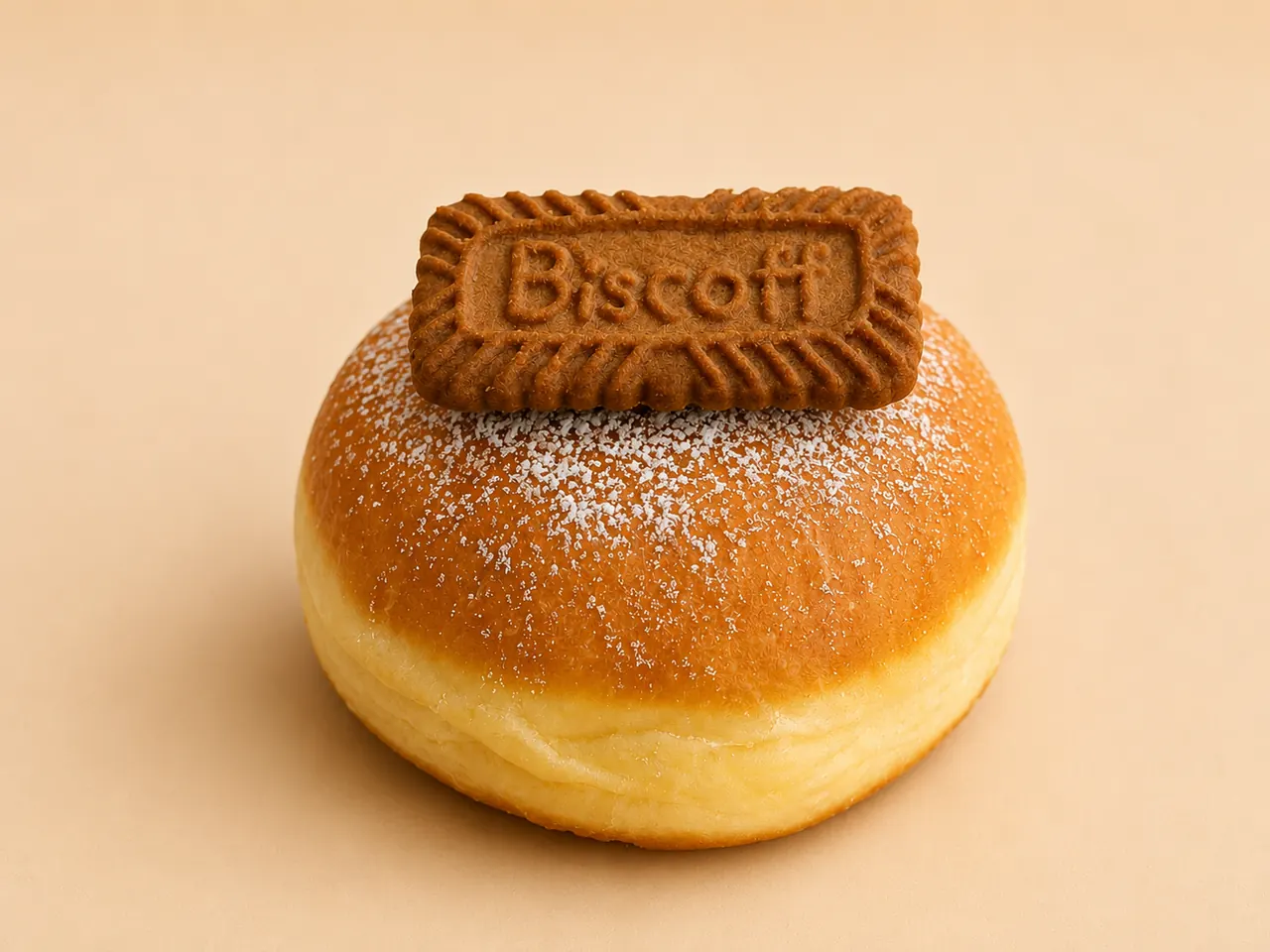 Biscoff Bomboloni, silky lotus biscoff inside, a whole biscoff biscuit on top.