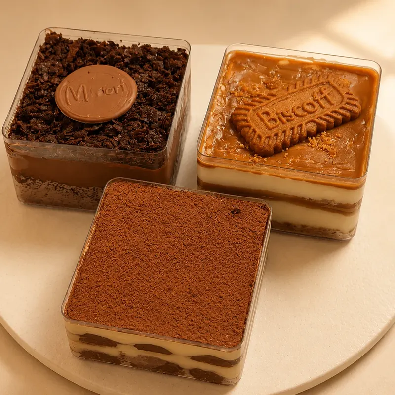 Three Minori dessert tubs: chocolate with a Minori disc, Biscoff, and tiramisu