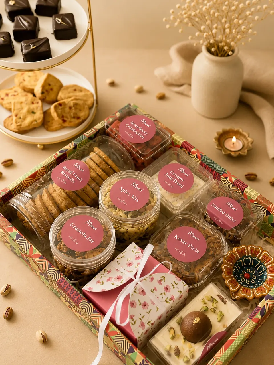 A Minori festive hamper tray of labelled jars and boxes of bakes, beside a plate of chocolates and a lit diya