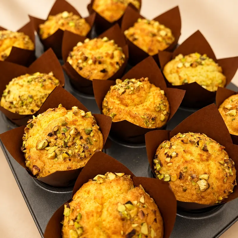 A tray of kesar pista muffins in brown tulip cases, topped with chopped pistachio