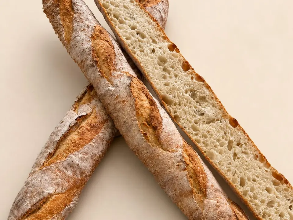 Two Minori French baguettes, one sliced lengthwise to show the open crumb