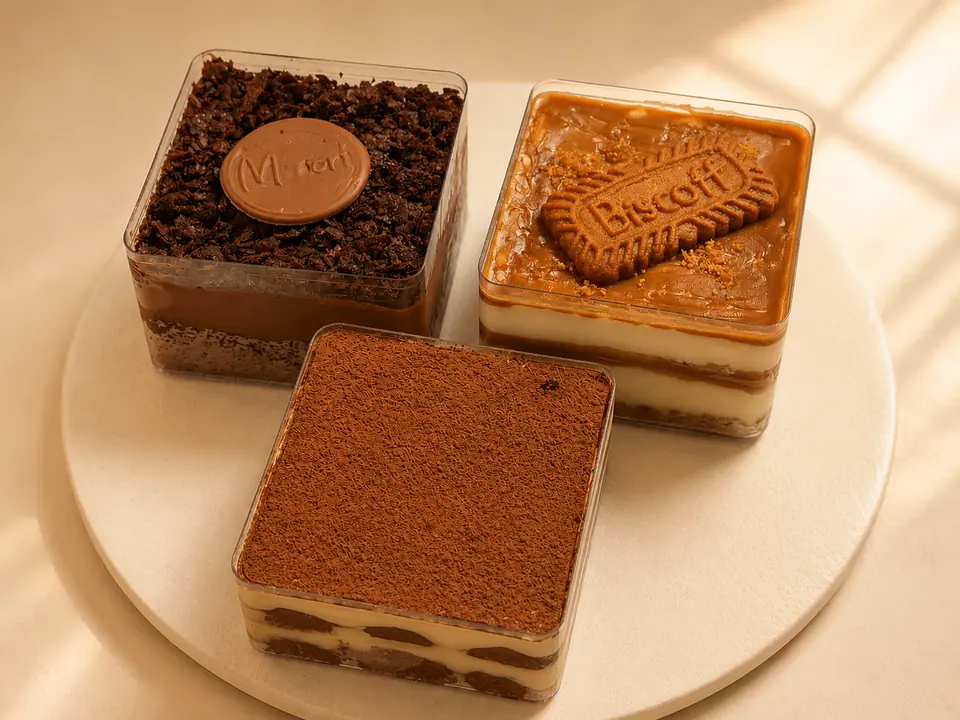 Three Minori dessert tubs on a platter: chocolate, Biscoff and tiramisu