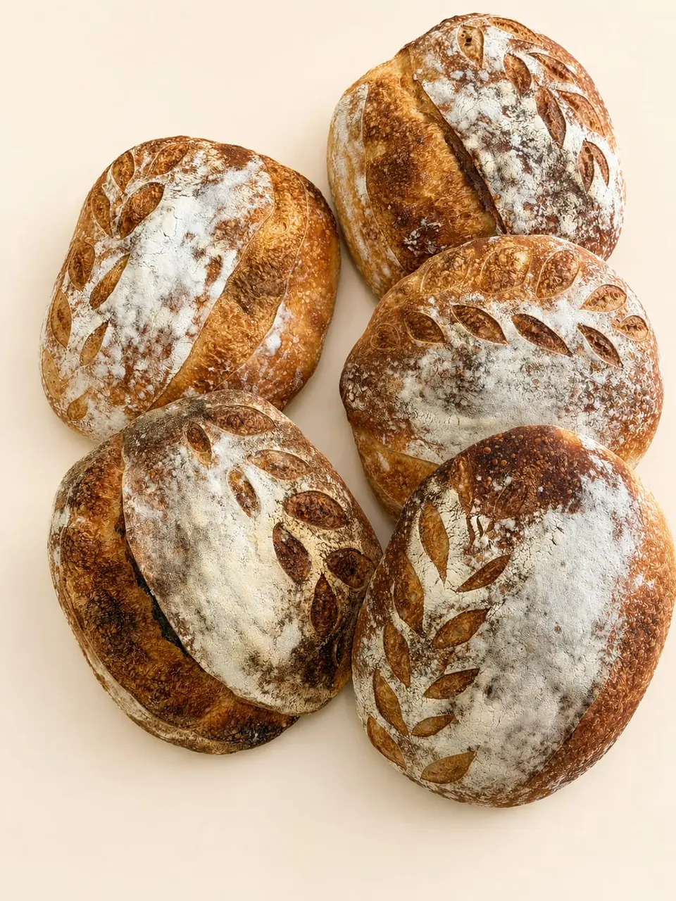 Five Minori sourdough loaves with scored, flour-dusted crusts